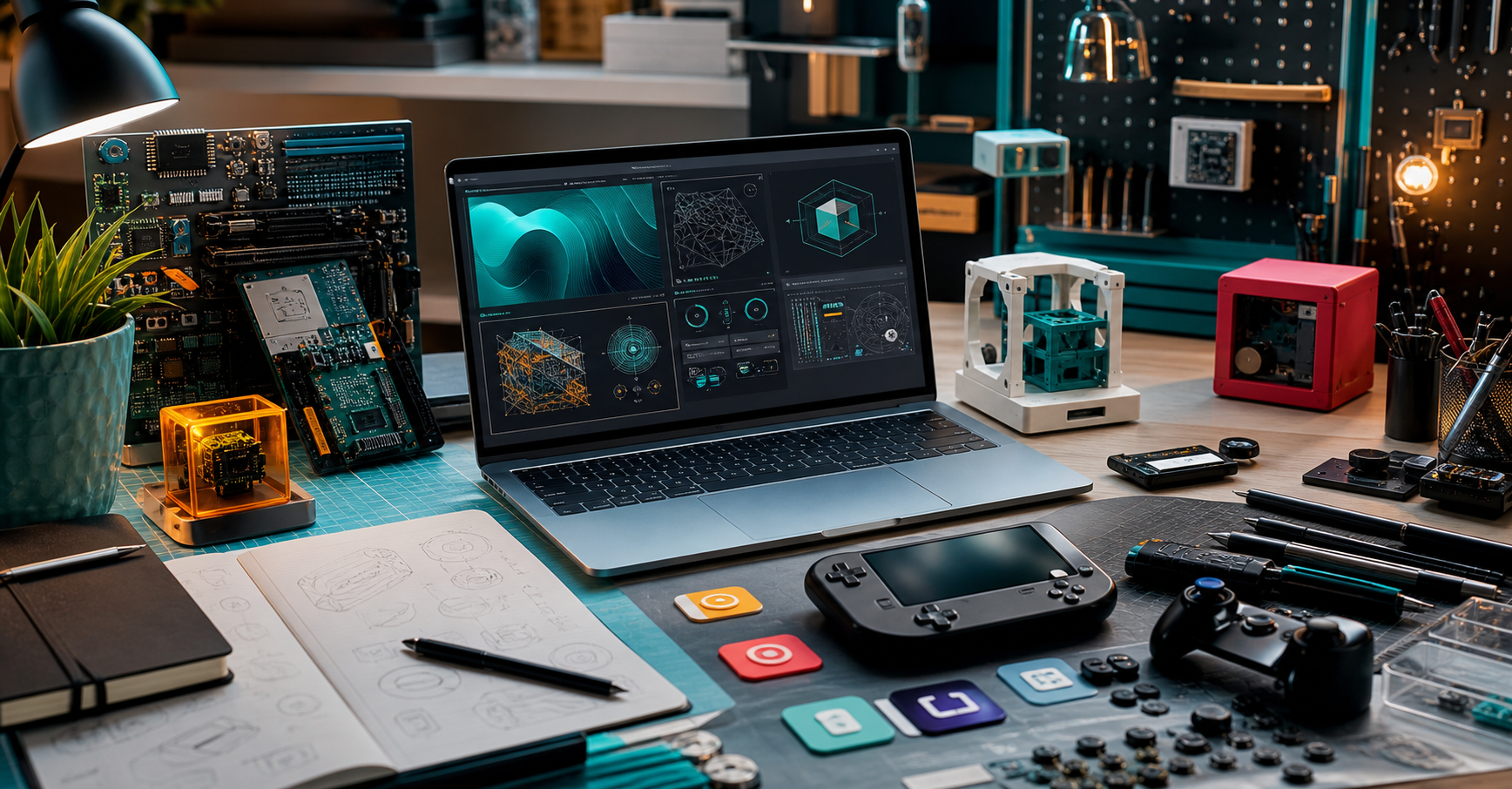 A workbench with software screens, circuit boards, app tiles, and game prototype objects.